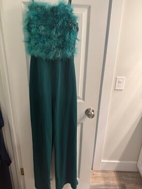 Green Feather-Trim Wide-Leg Jumpsuit